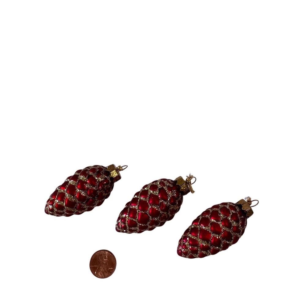 Vintage Red Glass Pinecone Christmas Ornaments Gold Glitter Set of 3‎ Small 2"